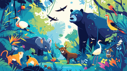 Cartoon wild animals in the jungle 2d flat cartoon