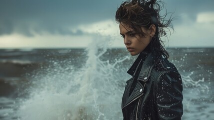 A woman is standing in the ocean with her hair wet and her jacket on