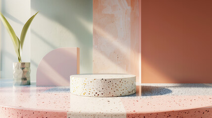 close up, product pedestal, 3D Render, Terrazzo and mid pastel color palette , Minimal mockup studio background for product presentation. sets of pastel color Terrazzo marble texture. 