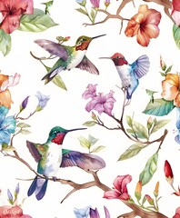 seamless pattern of watercolor hummingbirds, with flowers and branches