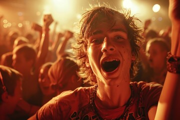 A young man is smiling and holding his mouth open in a crowd of people