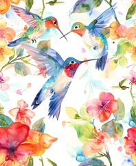 Fototapeta premium seamless pattern of watercolor hummingbirds, with flowers and branches