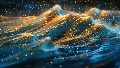 background featuring shimmering gold dust and waves of blue patterns - obrazy, fototapety, plakaty