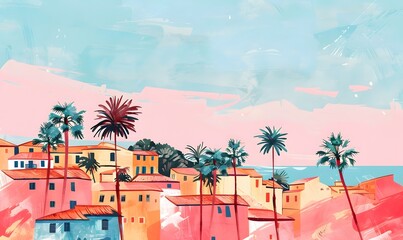A vibrant gouache illustration of the French Riviera, with pastel pink and orange tones,Generative AI  - obrazy, fototapety, plakaty