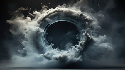 Circular Gray Smoke explodes outward, with dramatic smoke or fog effect with a scary Dark background - obrazy, fototapety, plakaty