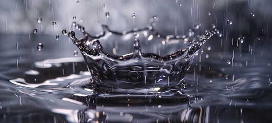 A photorealistic 3D close-up of a raindrop splashing on a smooth, reflective surface, creating a crown-like splash.