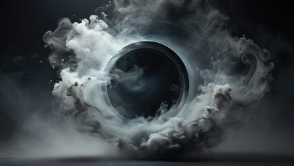 Circular Gray Smoke explodes outward, with dramatic smoke or fog effect with a scary Dark background
