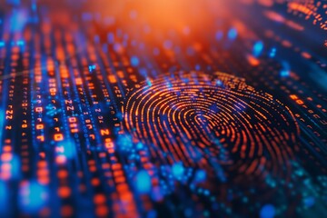 Digital security, biometric fingerprint data on a virtual circuit board - obrazy, fototapety, plakaty