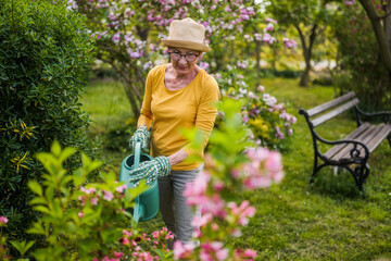 Happy senior woman enjoys watering plants in her garden.