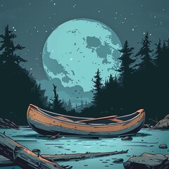 Tranquil moonlit lake with a canoe floating gently, surrounded by forest