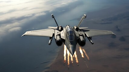 Obraz premium Military jet dropping missiles