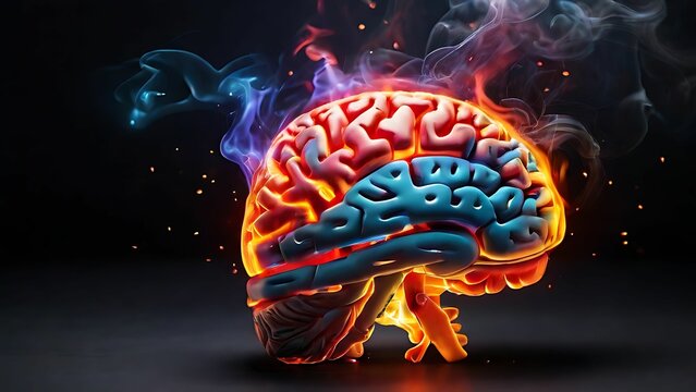 Colorful brain with fire on dark background