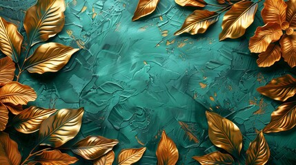 Gold decoration art wallpaper. Abstract modern art, nature and modern art. Floral pattern with golden leaves, bamboo plants and plants curled in the line, green background...