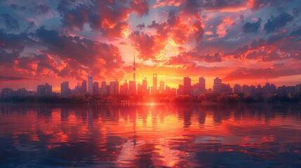 First Light Illuminating the City Skyline, generative ai