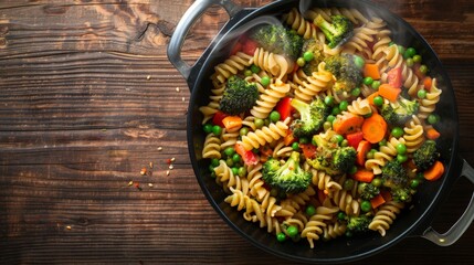 A top view of a steaming bowl of pasta colorful vegetables like broccoli, peas, carrots, and bell...