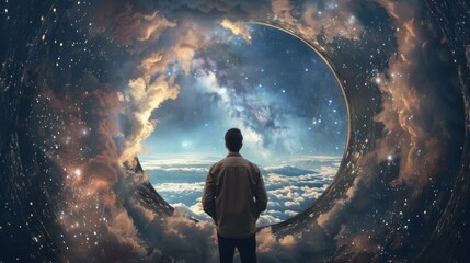 Fototapeta na wymiar Man Contemplating Vast Universe Through Cosmic Portal