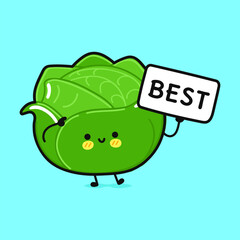 Cute Cabbage with poster best. Vector hand drawn cartoon kawaii character illustration icon. Isolated on blue background. Cabbage think concept