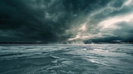 Obraz premium A photorealistic image of a winter storm brewing over a frozen lake, with dark clouds gathering overhead, wind whipping across the ice, and snow beginning to fall.