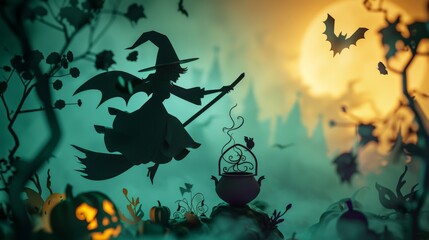 A playful papercut design of a witch flying on a broomstick, holding a bubbling cauldron with a bat familiar perched on her shoulder. - obrazy, fototapety, plakaty