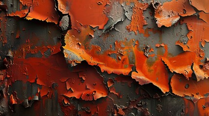 A rusty abstract with peeling layers of red and orange paint revealing the cold steel beneath,...