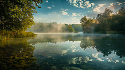Naklejka na ściany i meble Morning mist floating over the crystal lake, creating a picturesque landscape.