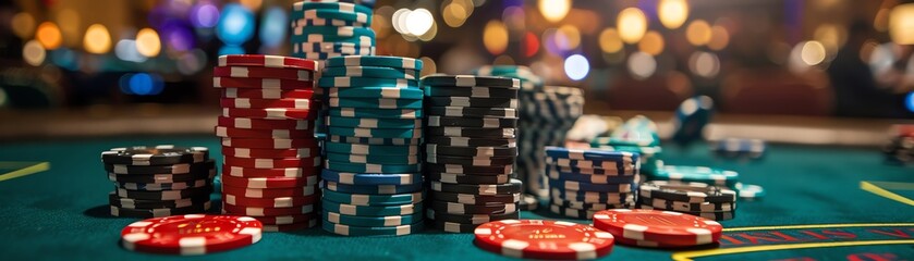 Highstakes poker game, players focused, chips and cards on table, closeup, intense and strategic