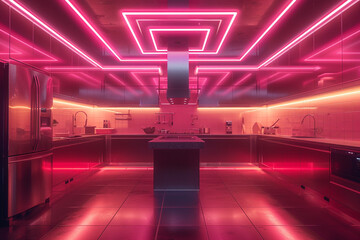 Neon strips outlining the kitchen ceiling, creating a futuristic and dynamic ambiance.