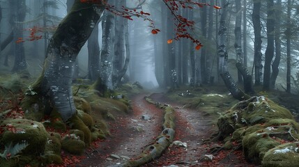 Misty Trail through Ancient Trees, generative ai - obrazy, fototapety, plakaty