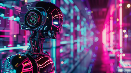 A 3D-rendered scene depicting the robotic AI entity as it enters a Virtual Reality landscape, its metallic body reflecting the vibrant neon lights of the digital world it's exploring