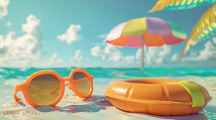 Fototapeta na wymiar A 3D-rendered scene focusing on a playful arrangement where the sunglasses and rubber ring are prominently featured in the foreground, with the umbrella providing colorful shade in the background