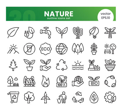 Nature Icons Bundle. Outline icons style. Vector illustration.