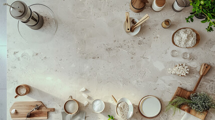On the marble kitchen countertop, items are neatly arranged, illuminated by sunlight