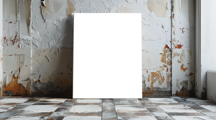 blank art canvas mockup on the laminate floor against the white wall PNG