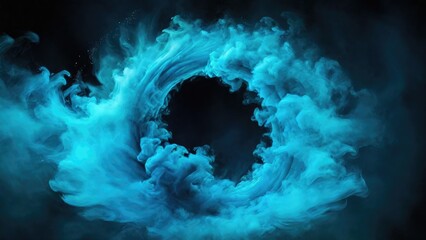 Circular Cyan Smoke explodes outward, with dramatic smoke or fog effect with a scary Dark background