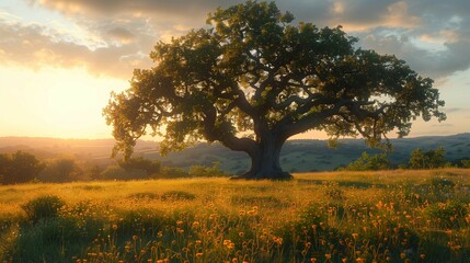 Fototapeta premium Majestic Oak Tree in Morning Light, generative ai