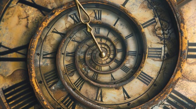 Old vintage clock face with spiral effect.