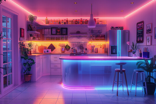 A cozy kitchen with neon light strips under the cabinets, providing a warm and inviting atmosphere for late-night snacks.