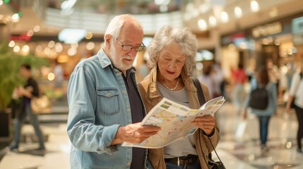 Elderly couple consulting a store map in a busy shopping center