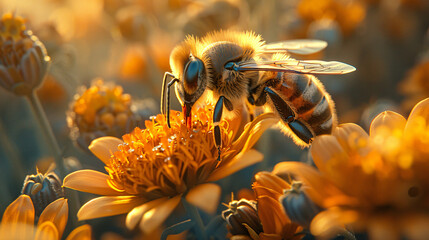 Bee sucks flower nectar - obrazy, fototapety, plakaty