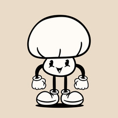 Cute champignon mushroom retro cartoon character vector illustration.