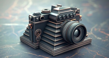 Art Deco 3D render vintage camera with fan-shaped embellishments and copper finish - obrazy, fototapety, plakaty