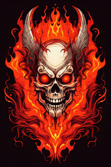 The skull of a horned devil in flame