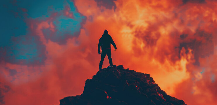 A person stands triumphantly on the summit of a towering mountain peak, surrounded by a vast landscape of rugged terrain