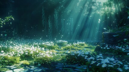 Enchanted Forest Glade with Sunbeams and White Wildflowers