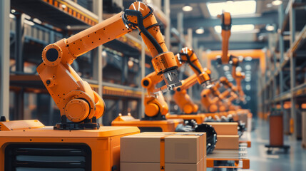 Twin yellow robotic arms stand ready in a distribution warehouse, exemplifying the integration of robotics in modern supply chain operations
