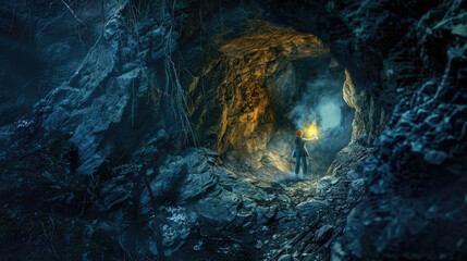 A man stands in the dark cave surrounded by numerous rocks, exploring the dry, rugged terrain - obrazy, fototapety, plakaty