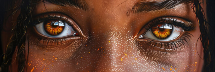 Close-up view of a womans face showing vivid yellow eyes, highlighting the unique eye color of the subject - obrazy, fototapety, plakaty