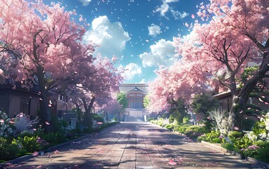 photo of an anime-style landscape featuring blooming cherry blossoms and a school. Capture the vibrant colors and energetic atmosphere typical of anime scenes