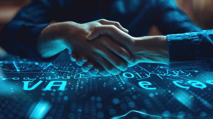 Two individuals are engaging in a handshake gesture over a computer screen, symbolizing a virtual agreement or partnership - obrazy, fototapety, plakaty