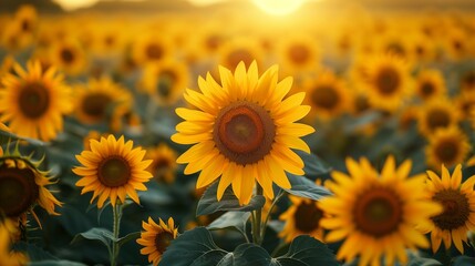 Field of Sunflowers at Sunset, generative ai